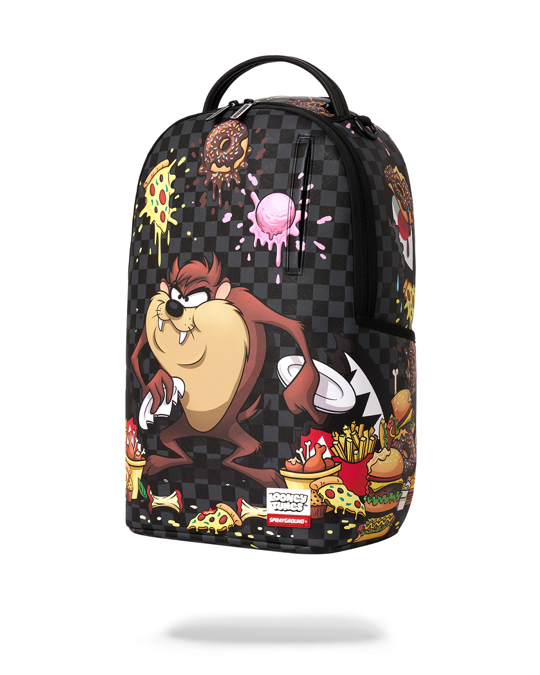 Black checkered cartoon backpack front with Taz, pizza and sweets artwork