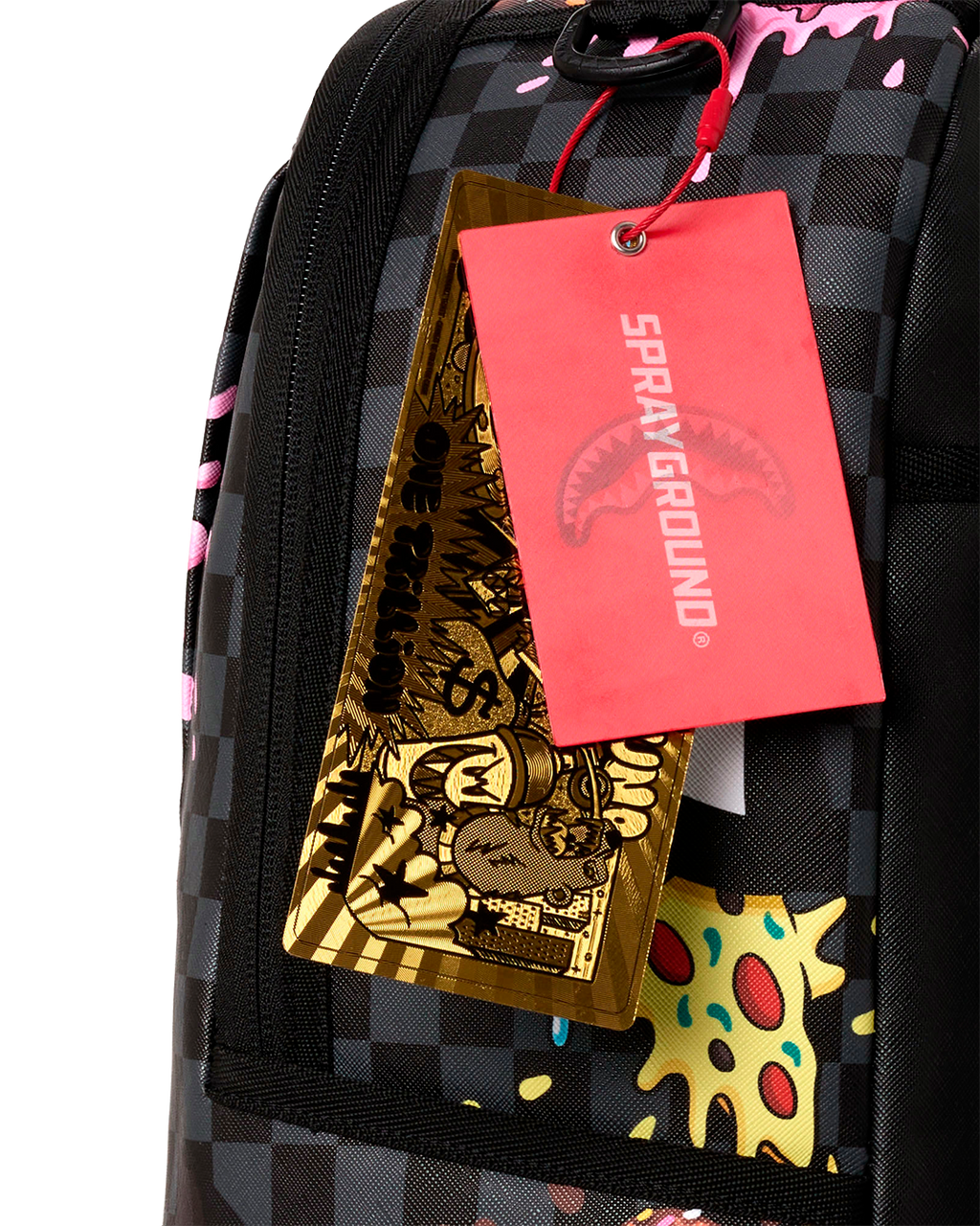 Black checkered backpack front pocket with hanging Sprayground product tags