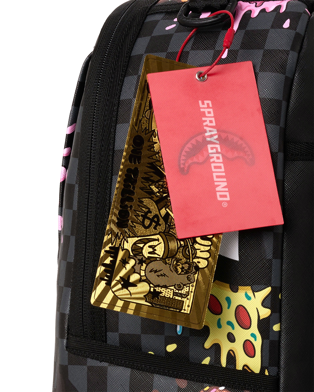 Black checkered backpack front pocket with hanging Sprayground product tags