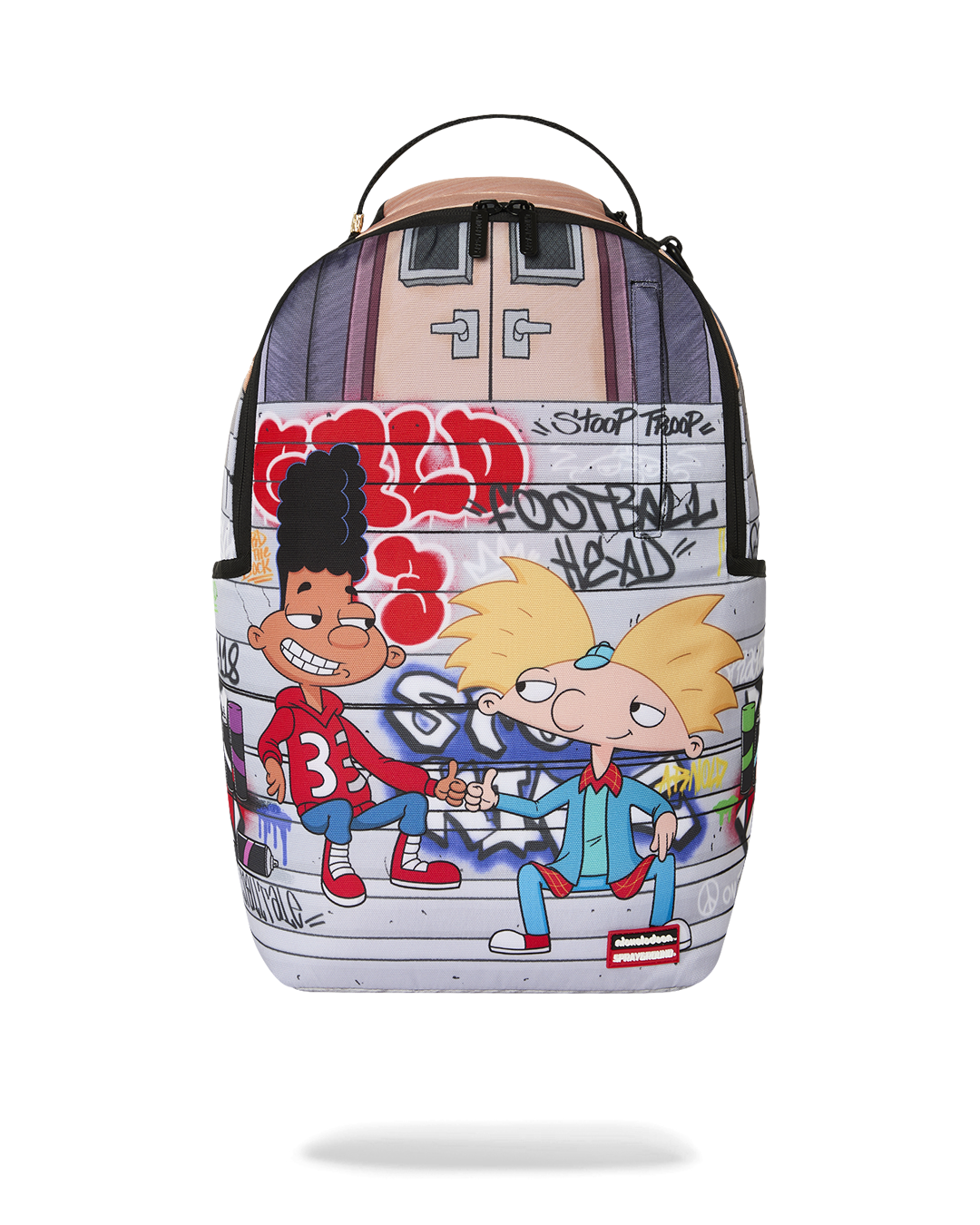 Kids character graphic backpack with top handle and front zip panel
