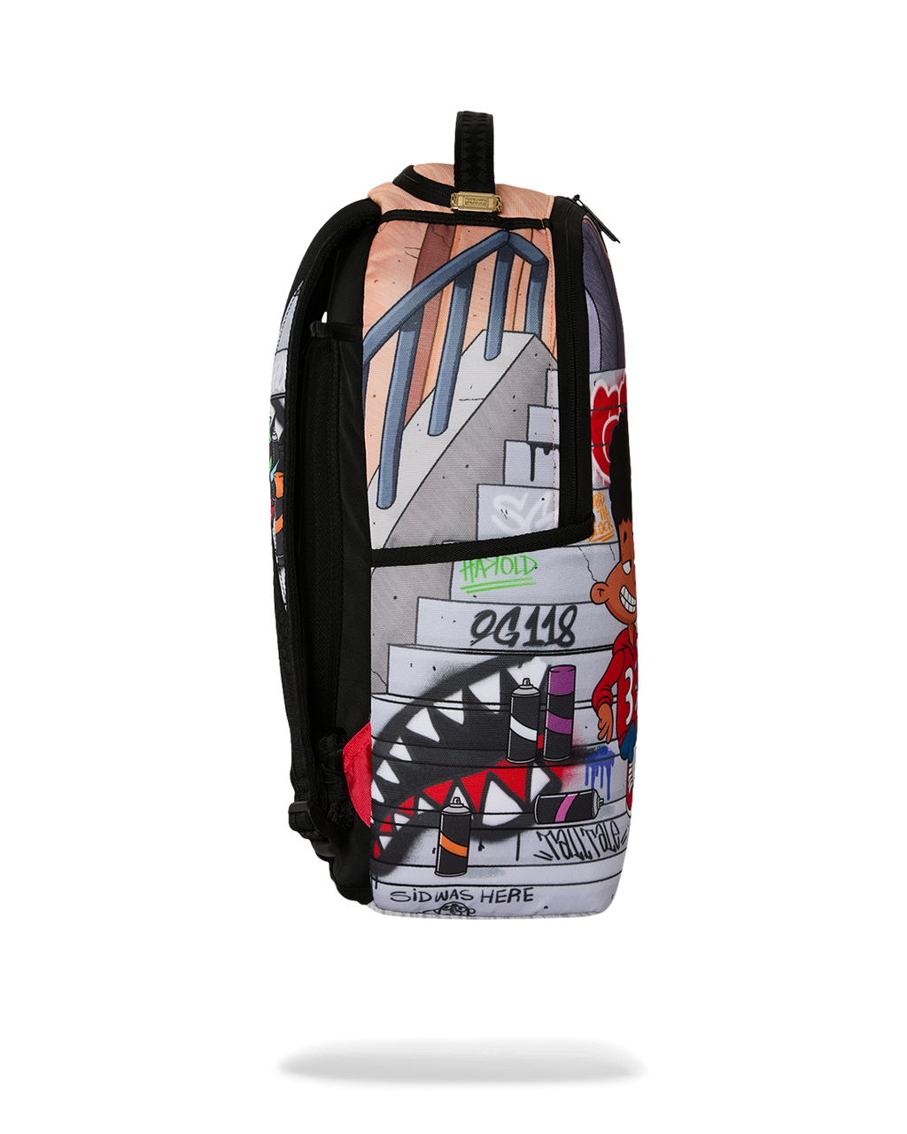 Kids graphic backpack back view with black padded panel and side print