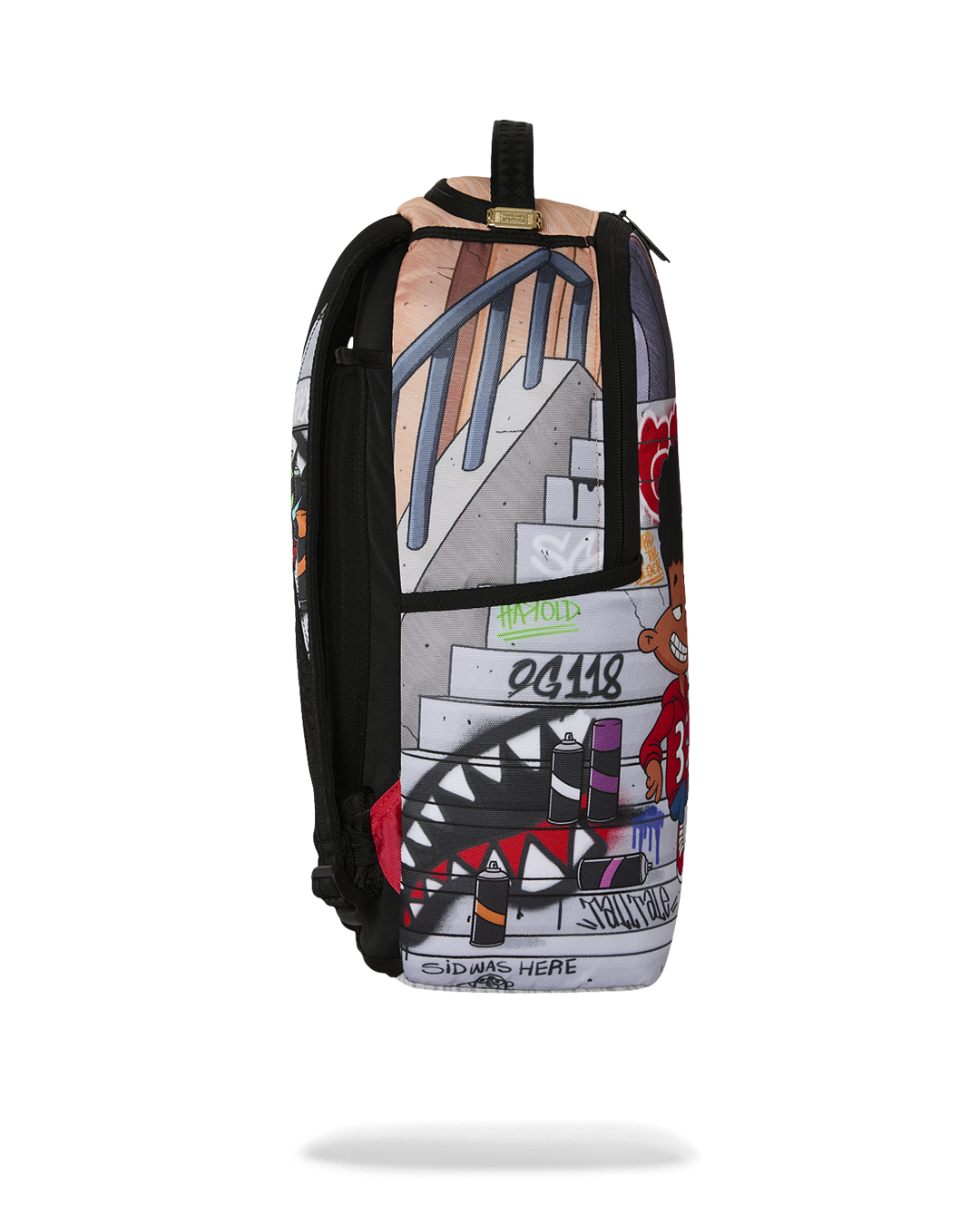 Kids graphic backpack back view with black padded panel and side print