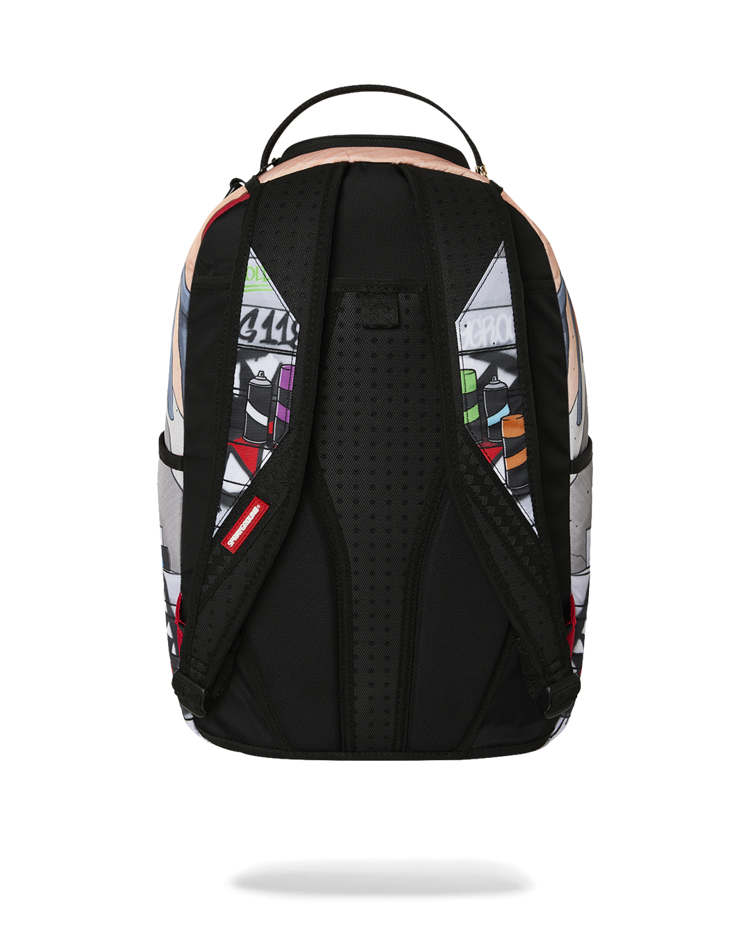 Back panel of kids character backpack with black padding and mesh texture
