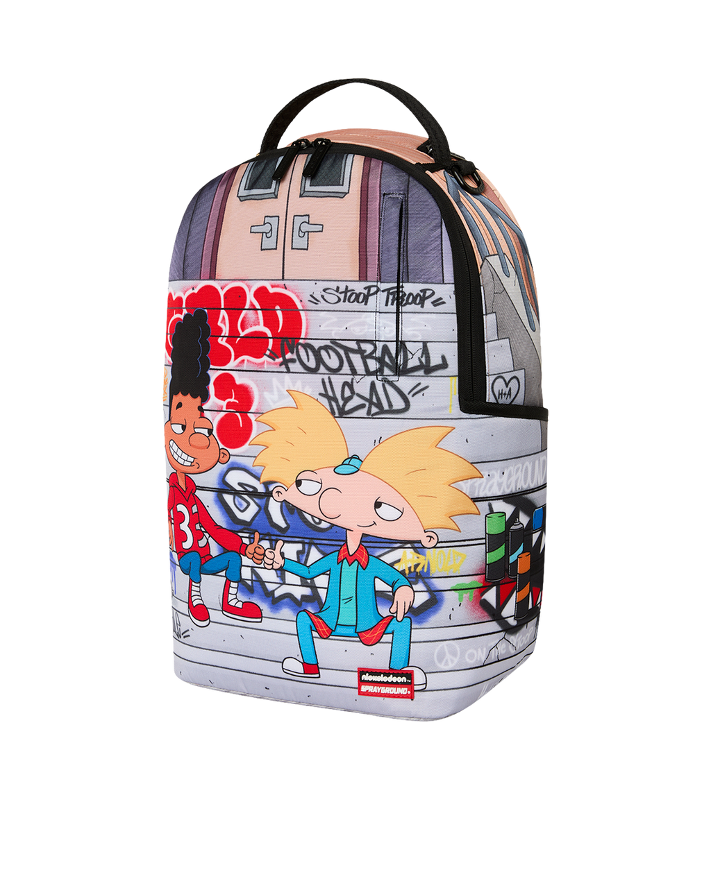 Kids character graphic backpack front view with top handle and zipper pocket