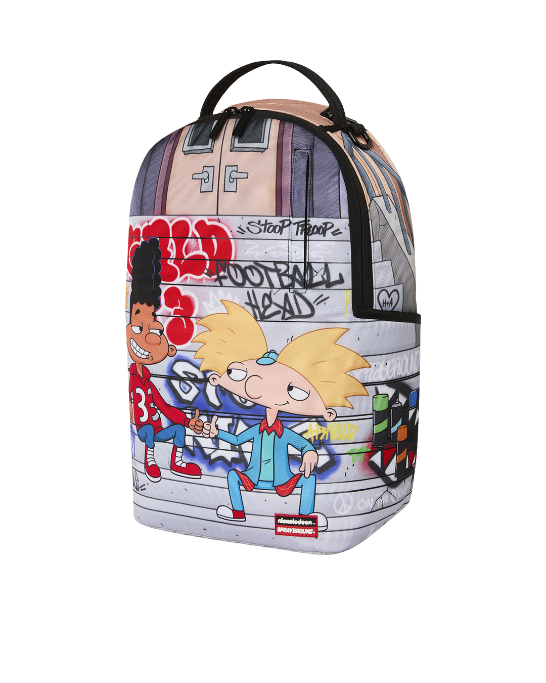 Kids character graphic backpack front view with top handle and zipper pocket