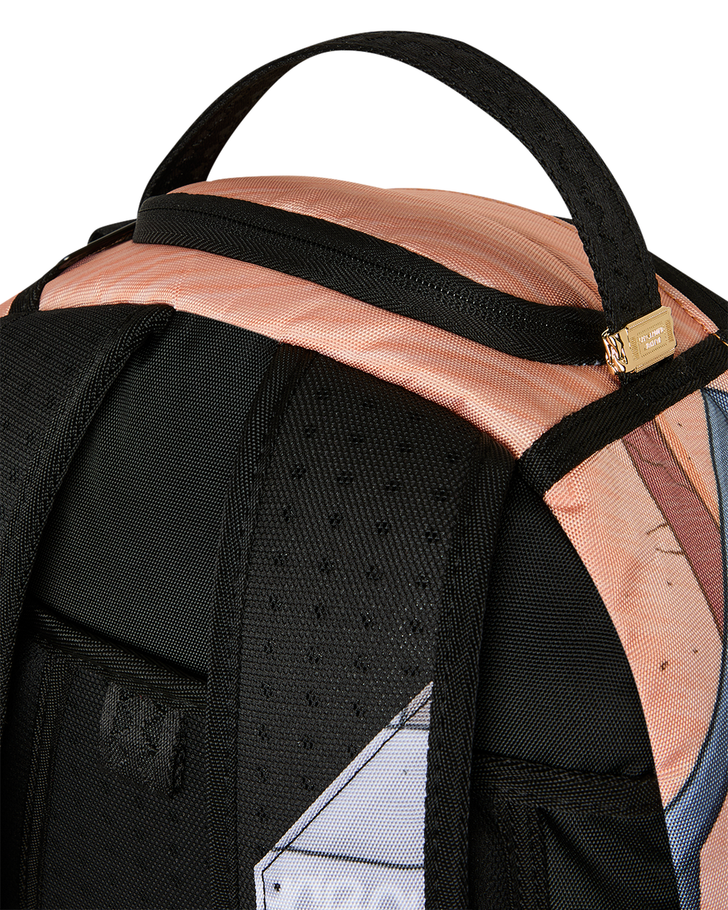 Kids backpack shoulder strap with black padding and pink webbing trim