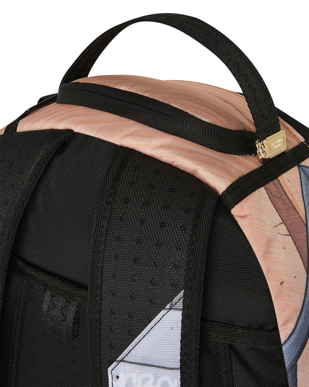Kids backpack shoulder strap with black padding and pink webbing trim