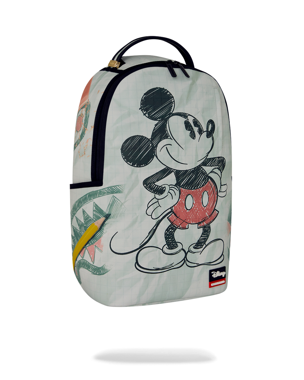 White Mickey Mouse sketch mini backpack with side panel graphic and navy straps