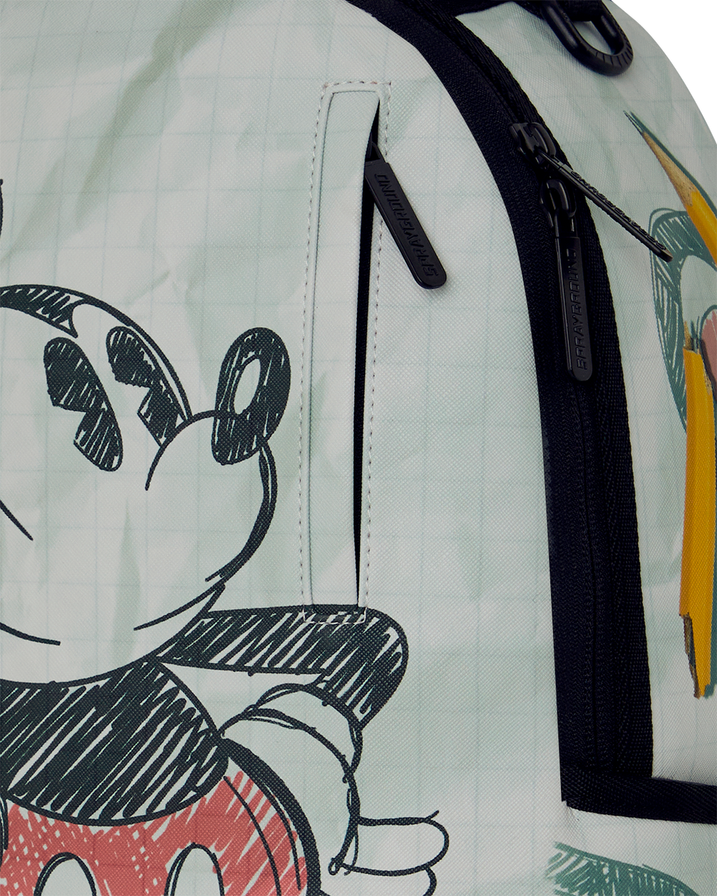 Close-up of Mickey Mouse sketch mini backpack front zipper and side strap