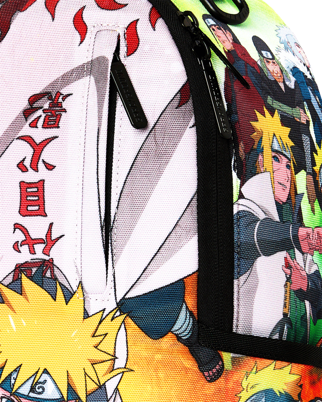 Close-up of Naruto character artwork on white and orange backpack panel