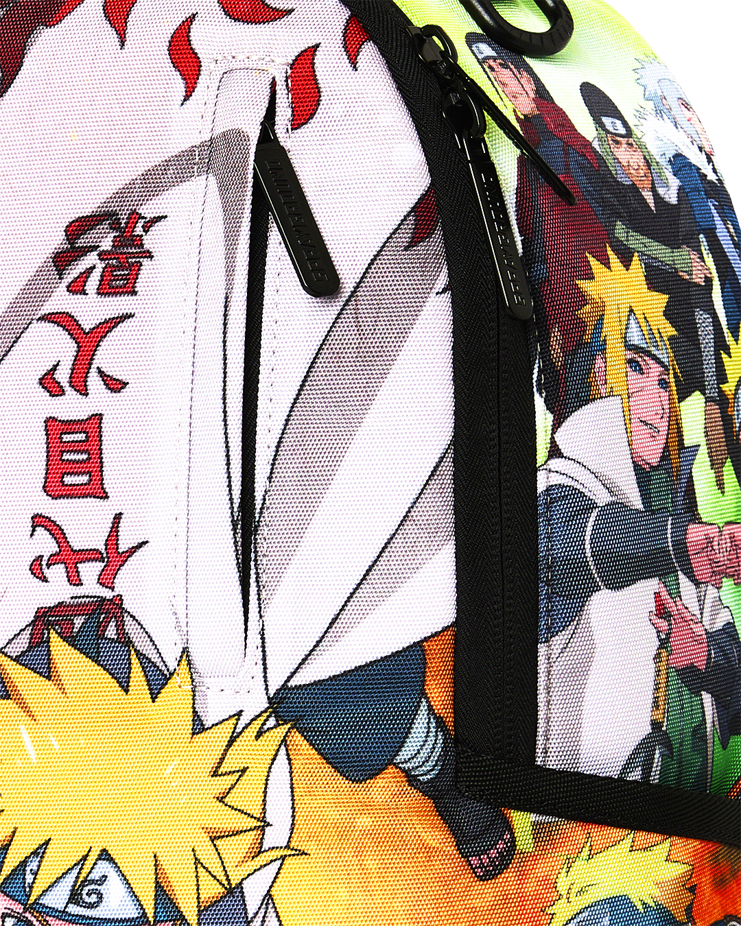 Close-up of Naruto character artwork on white and orange backpack panel