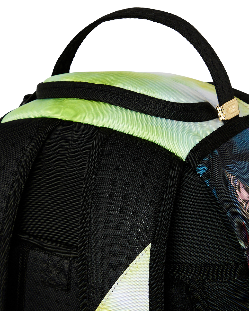 Neon green trim and black webbing shoulder straps on printed backpack