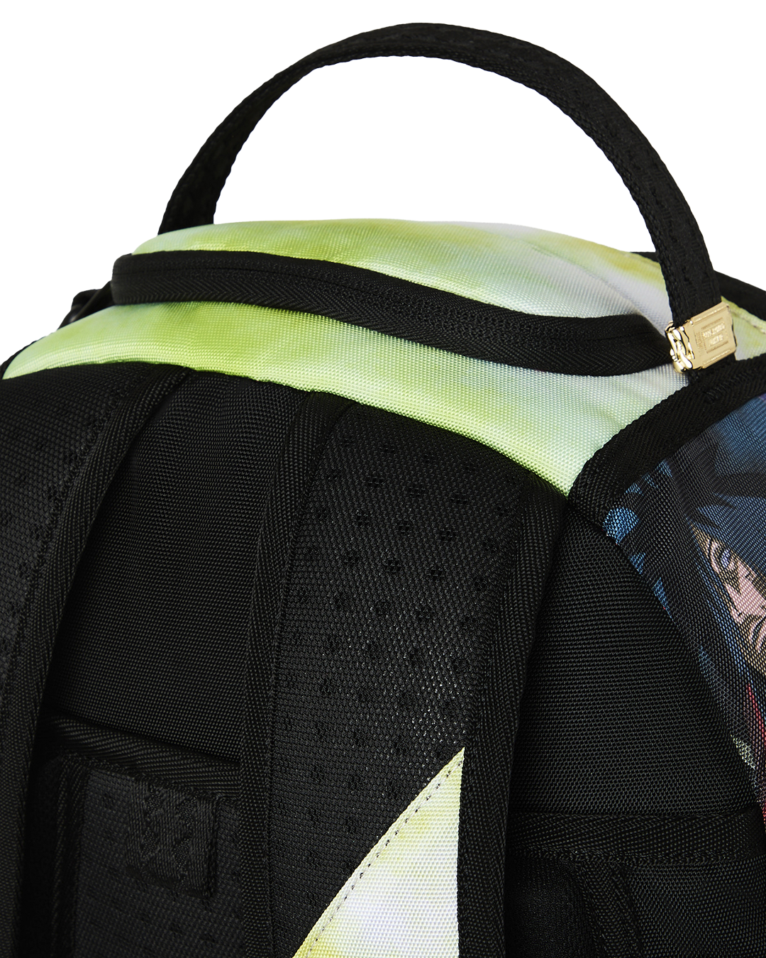 Neon green trim and black webbing shoulder straps on printed backpack