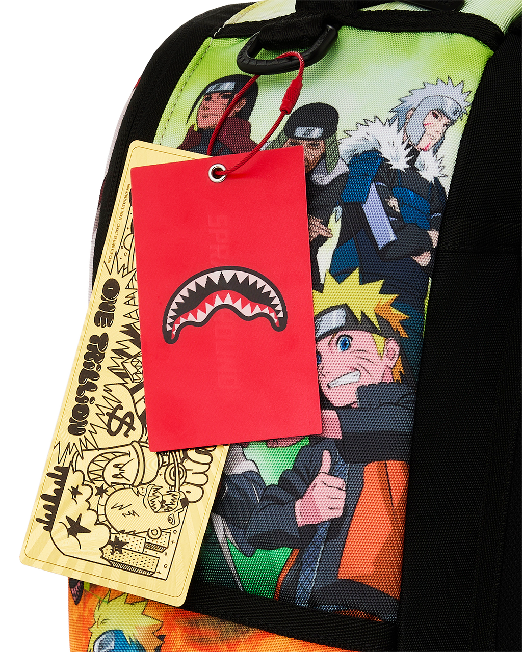 Printed backpack with hanging retail tags and anime character panel