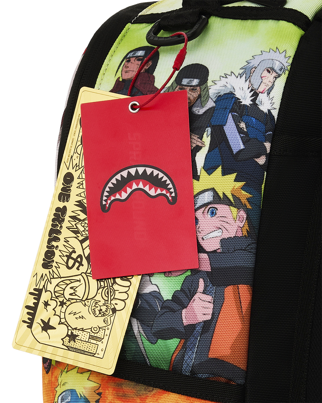 Printed backpack with hanging retail tags and anime character panel