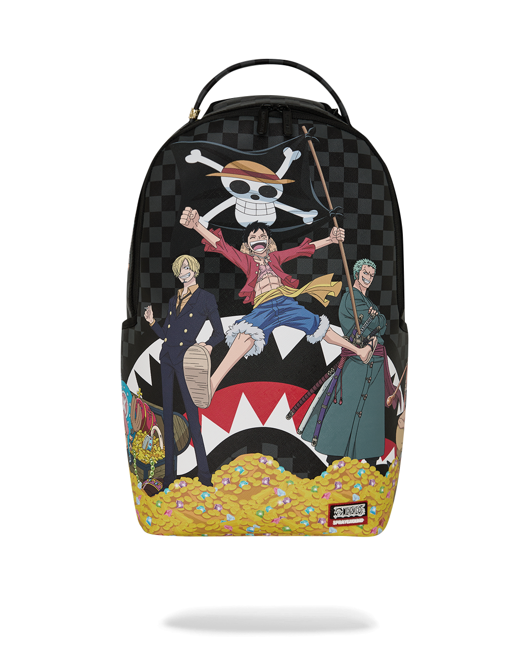 Sprayground anime themed backpack bag with black check pattern and treasure graphic front
