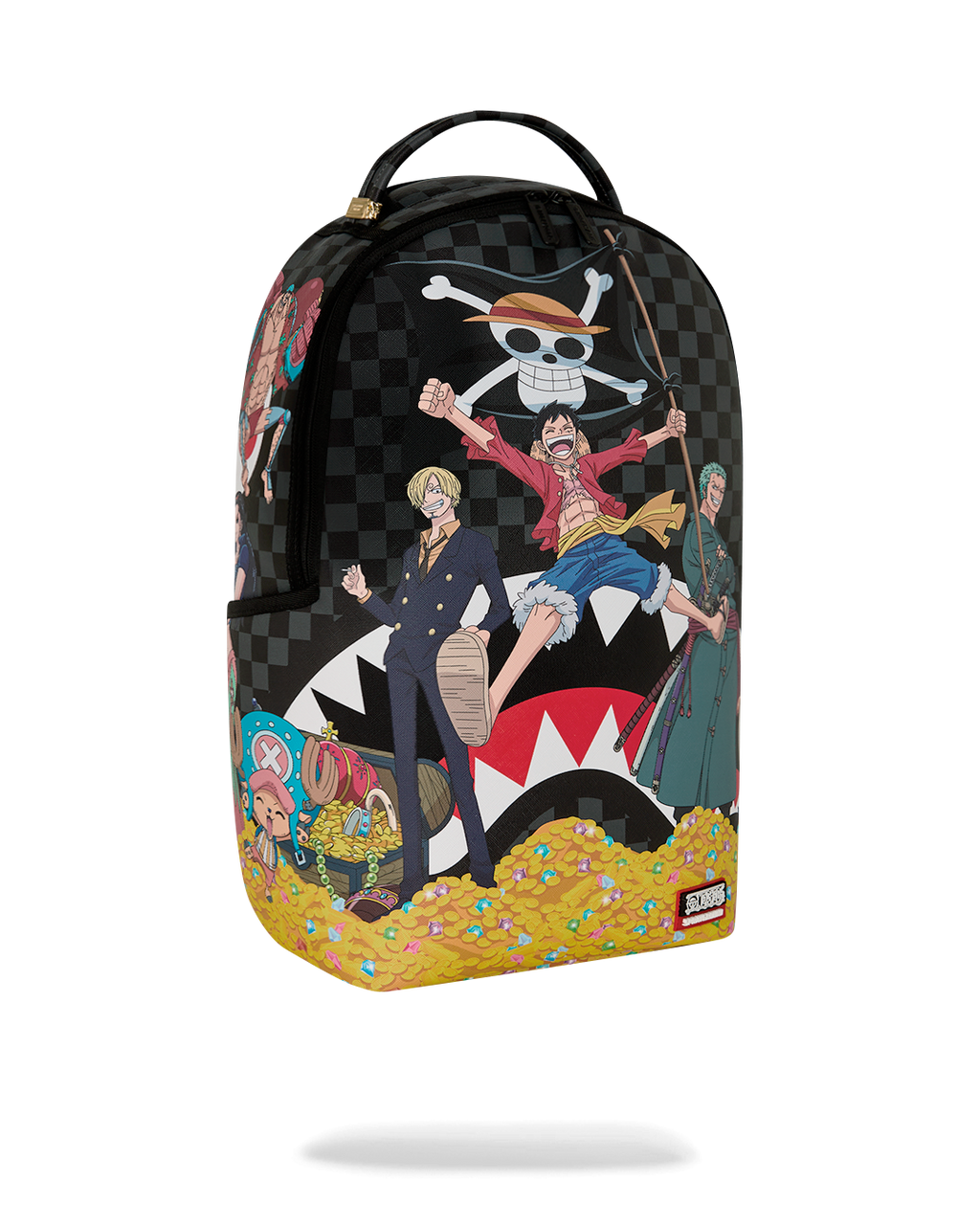 Sprayground anime themed backpack bag angled view with check pattern and bright yellow bottom