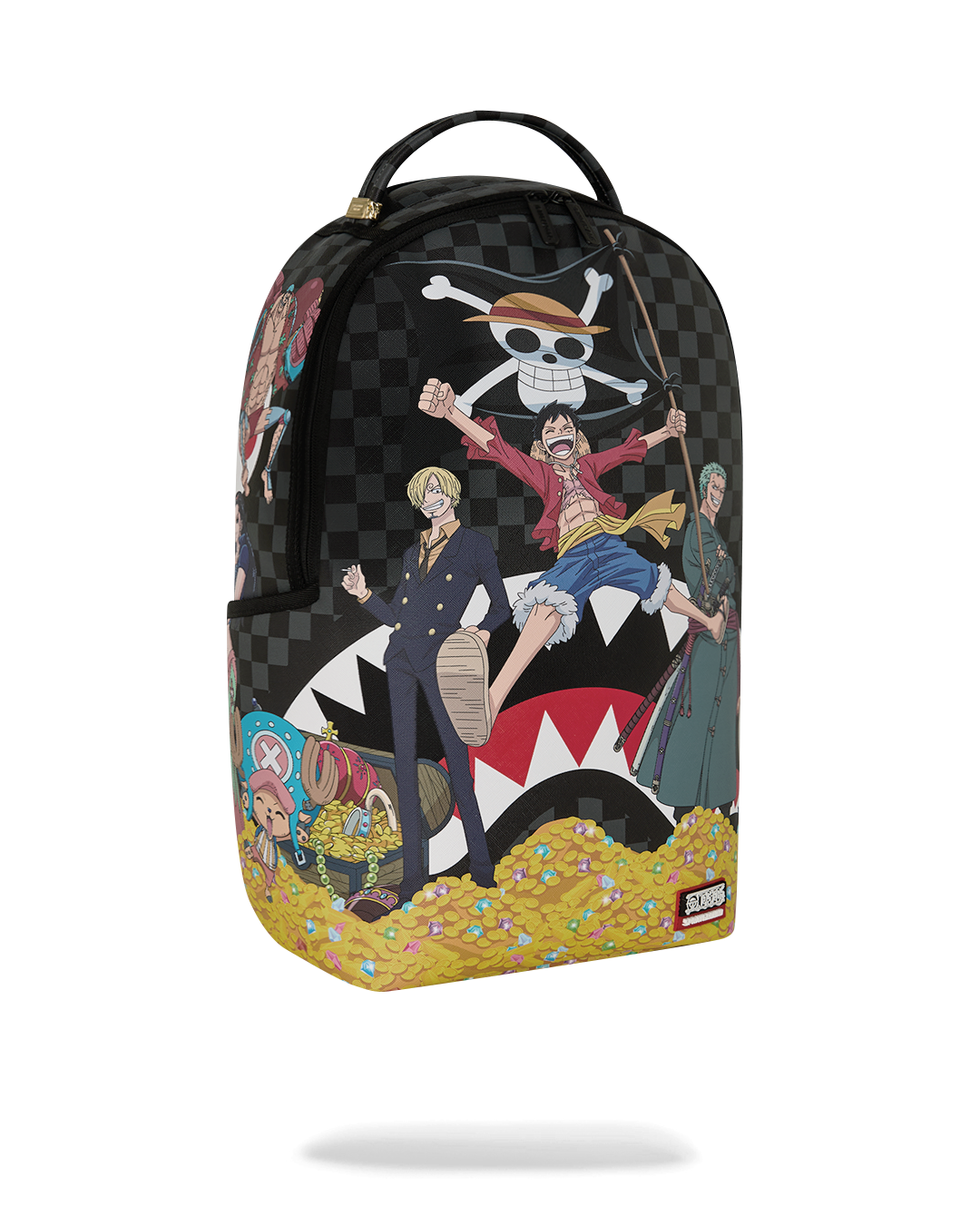 Sprayground anime themed backpack bag angled view with check pattern and bright yellow bottom