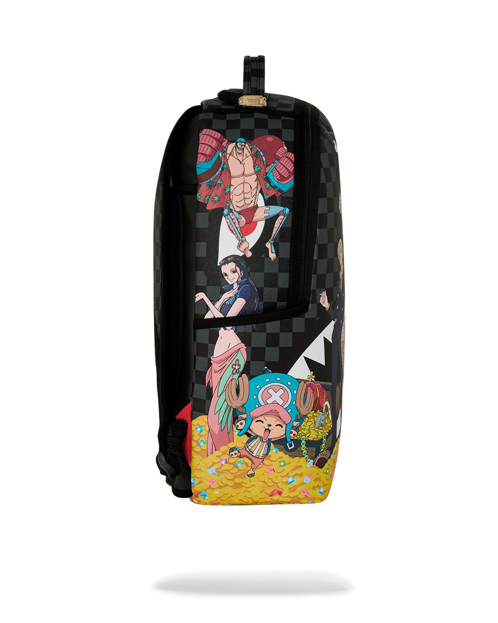 Sprayground anime themed backpack bag side view with colorful character art and check print