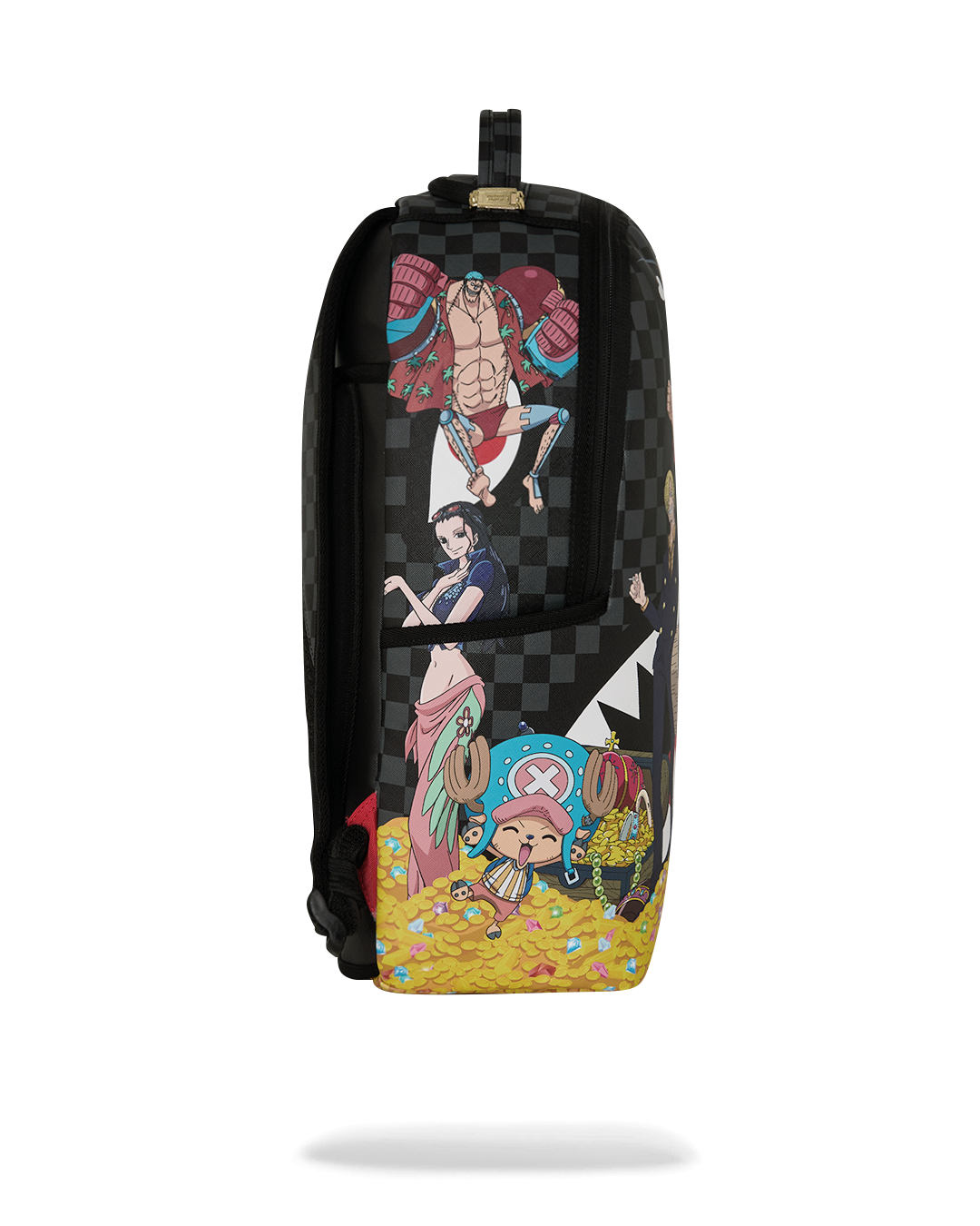 Sprayground anime themed backpack bag side view with colorful character art and check print