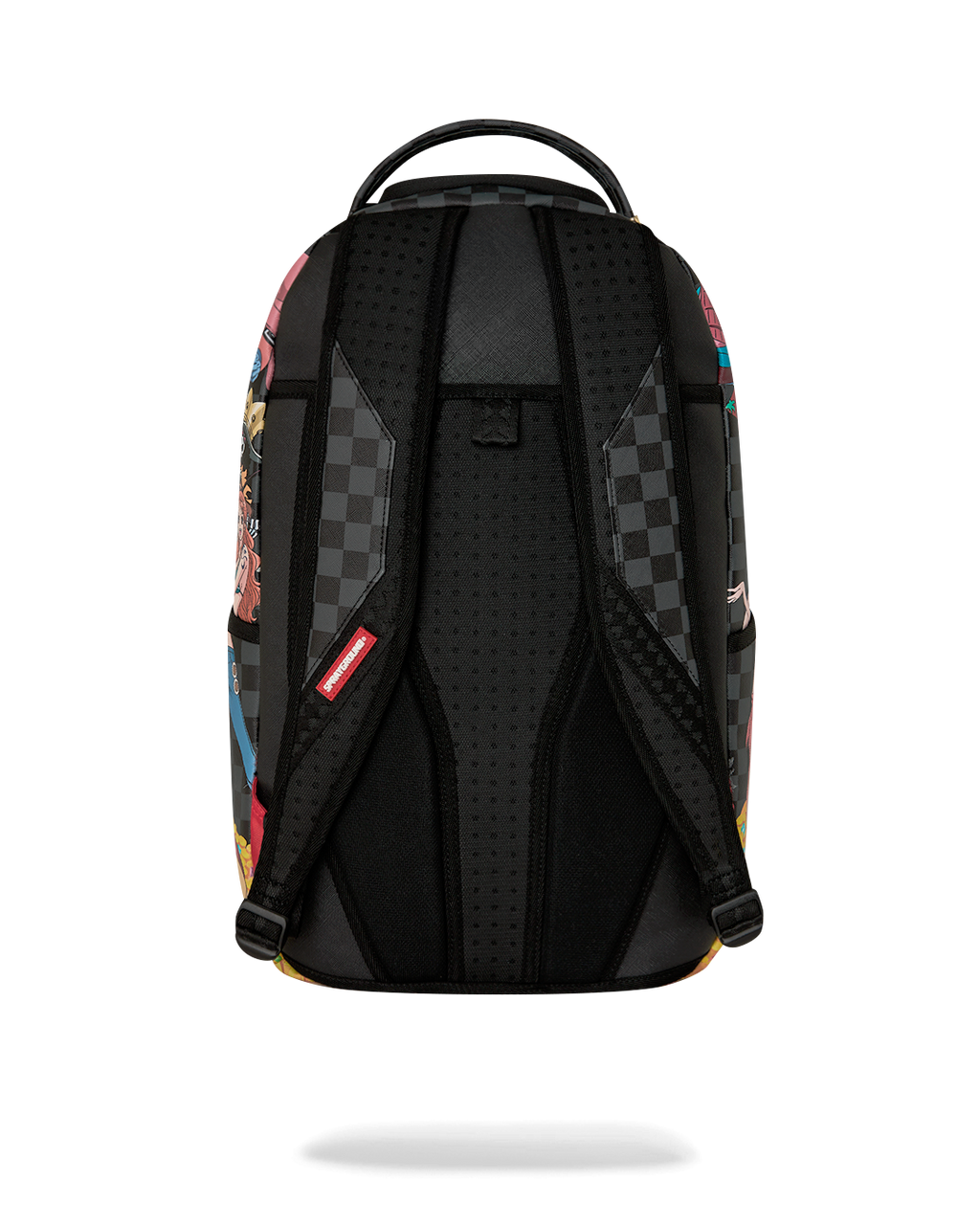 Sprayground backpack bag back panel with black padding and check pattern straps