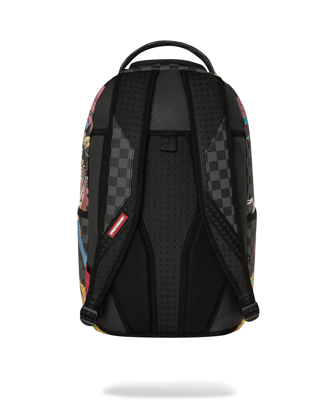 Sprayground backpack bag back panel with black padding and check pattern straps