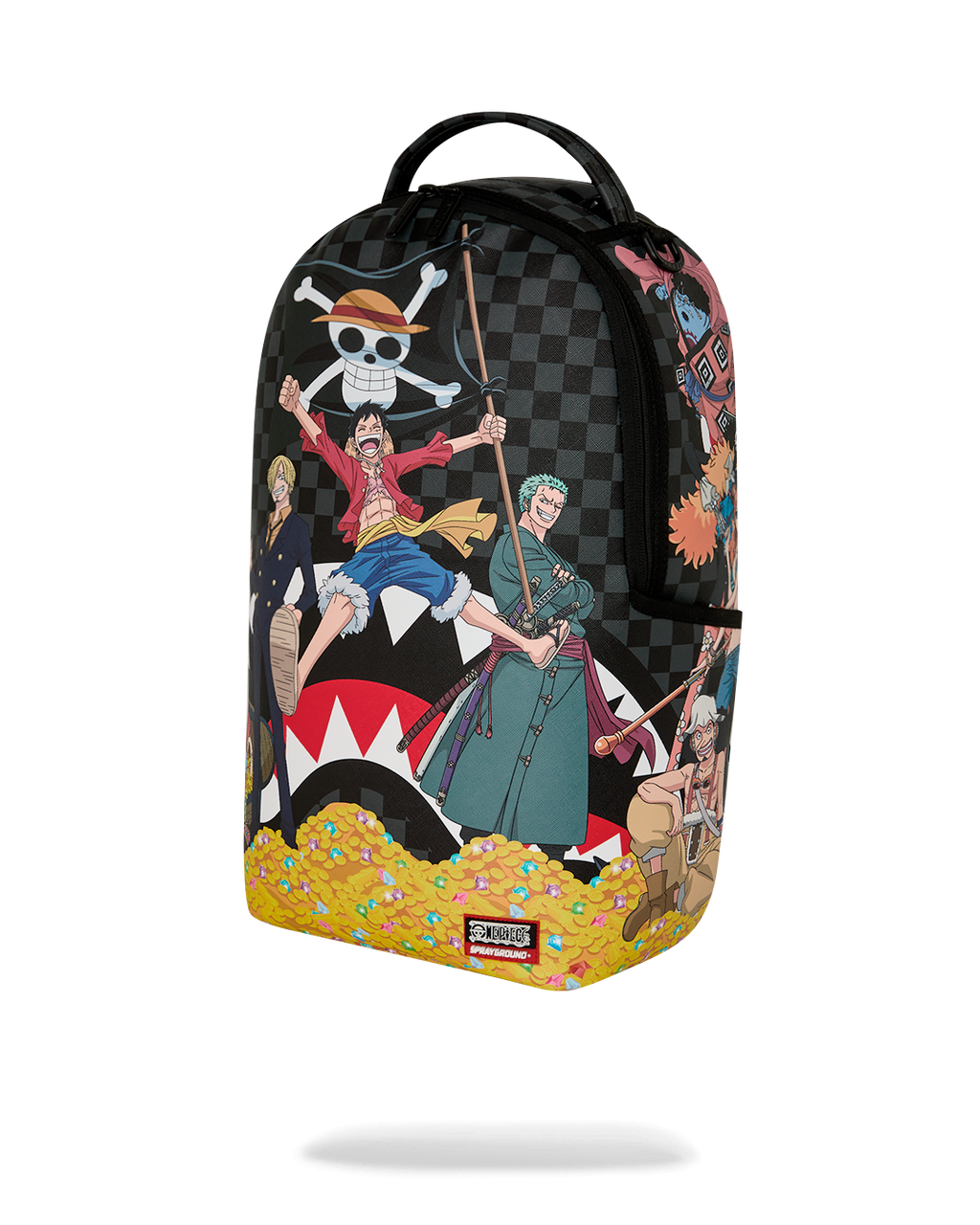 Sprayground backpack bag three-quarter view with pirate character graphic and yellow coin base