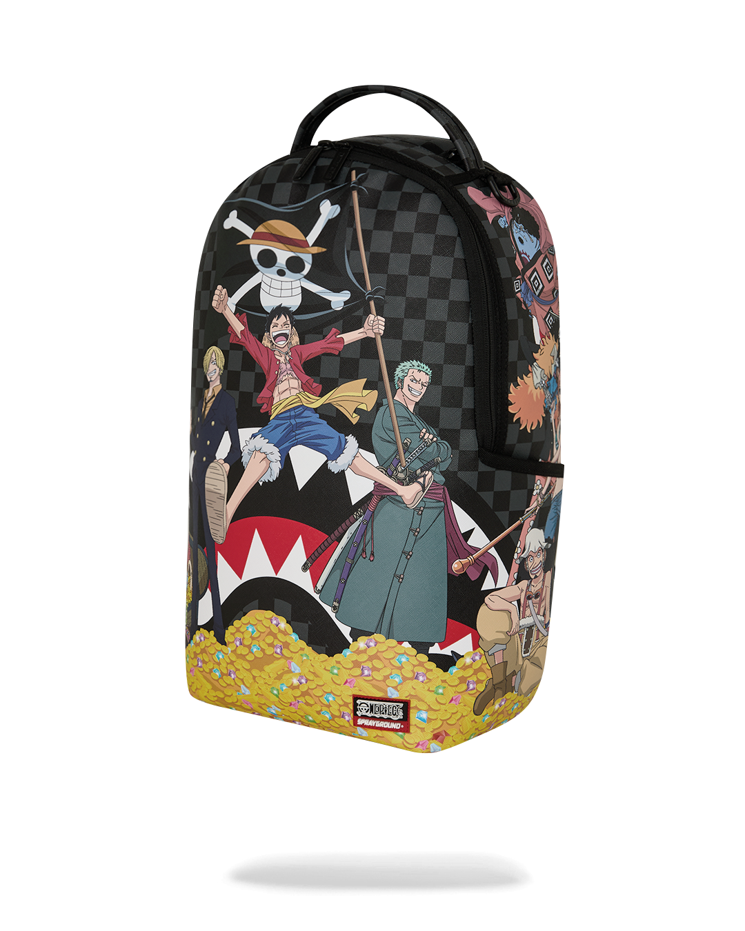 Sprayground backpack bag three-quarter view with pirate character graphic and yellow coin base