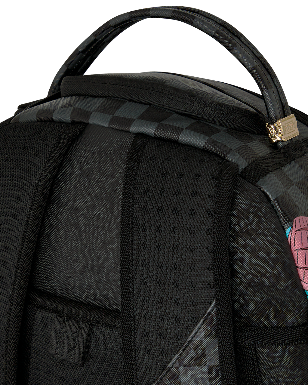 Sprayground backpack bag top pocket and black textured front with check detail