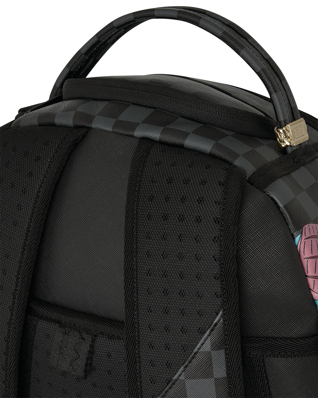Sprayground backpack bag top pocket and black textured front with check detail