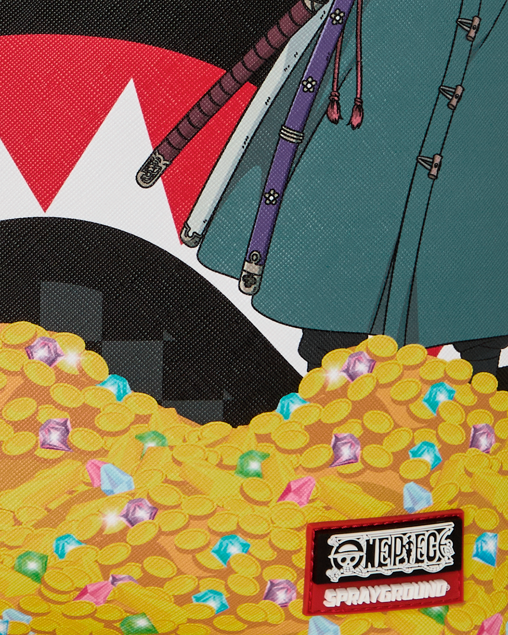 Sprayground backpack bag close-up of coin graphic and ENDERGEEK patch logo
