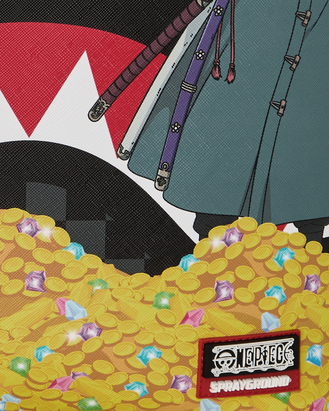 Sprayground backpack bag close-up of coin graphic and ENDERGEEK patch logo