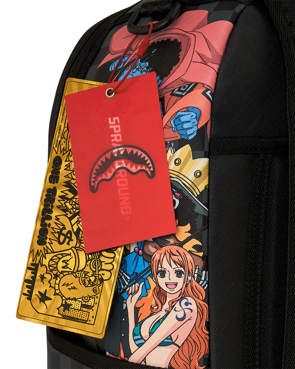 Sprayground backpack bag close-up with swing tags and anime character print panel