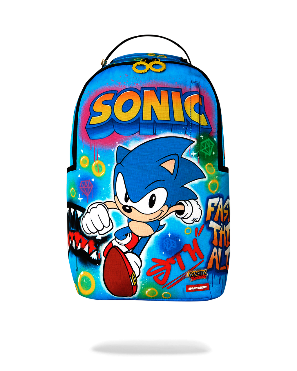 Blue Sonic-themed backpack with large “SONIC” graphic and cartoon character front