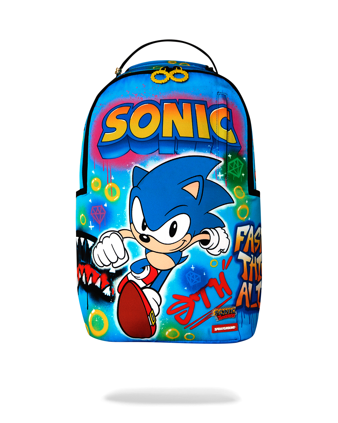 Blue Sonic-themed backpack with large “SONIC” graphic and cartoon character front