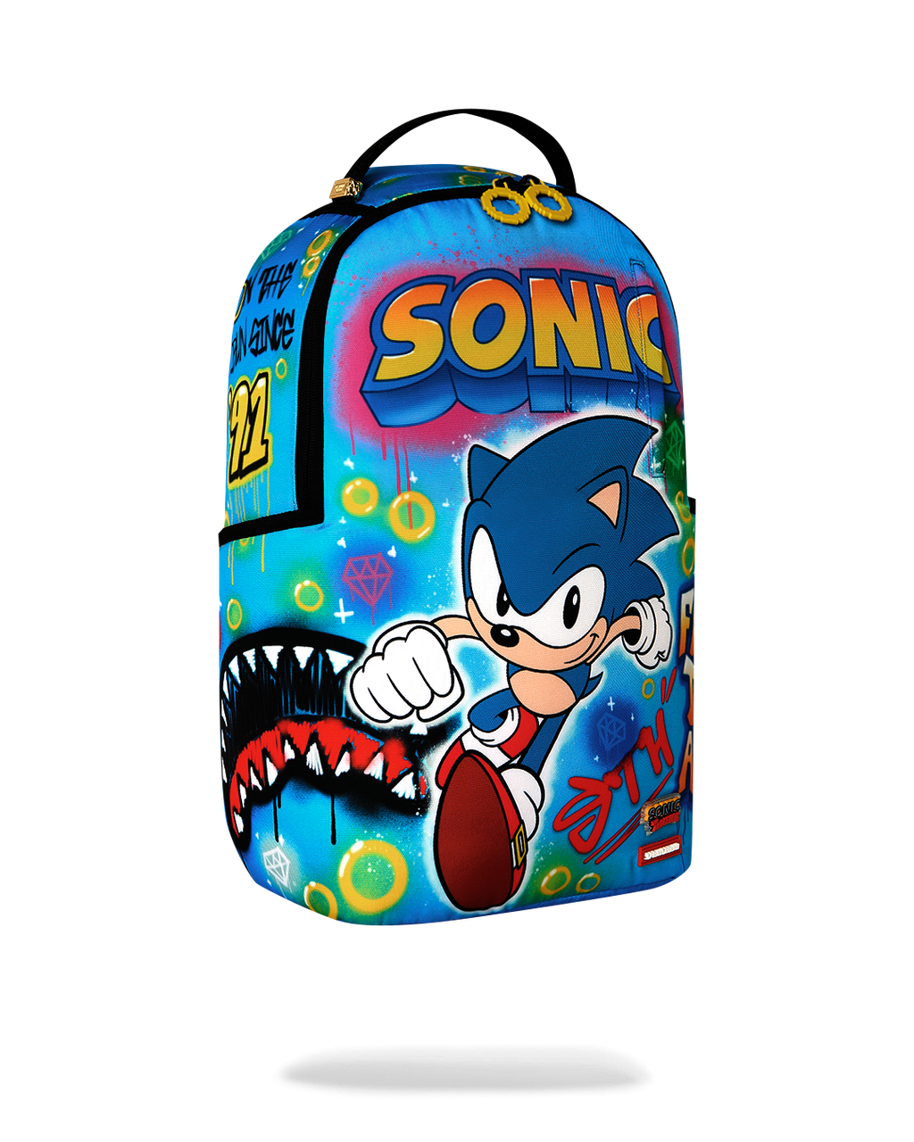 Blue Sonic-themed backpack with sideways character graphic and city-style elements