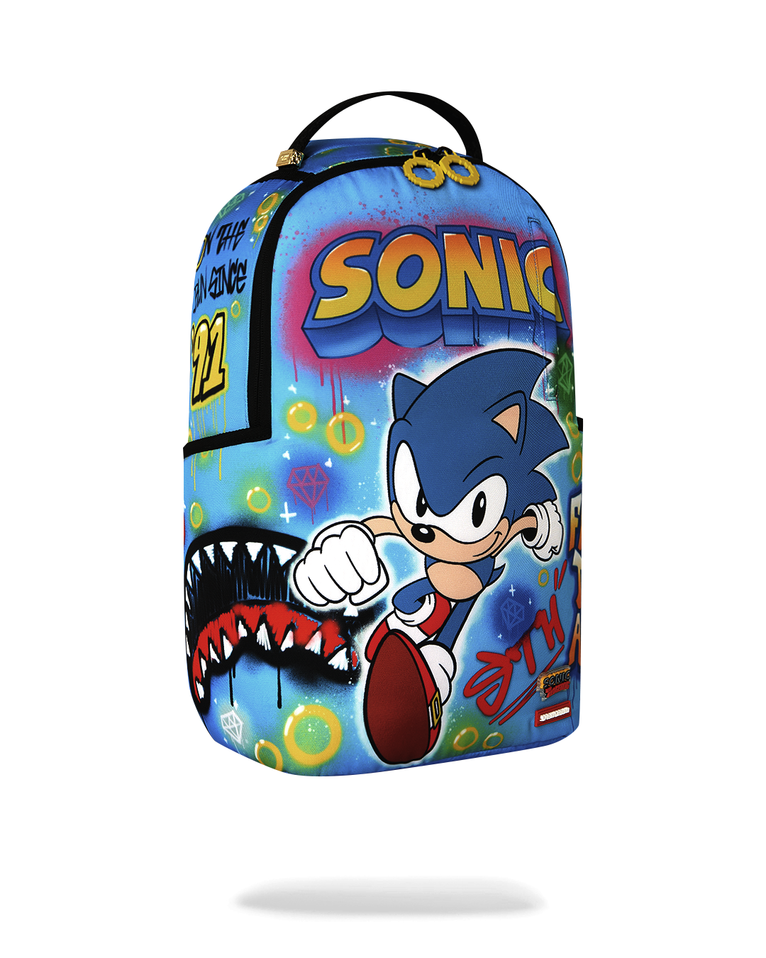 Blue Sonic-themed backpack with sideways character graphic and city-style elements