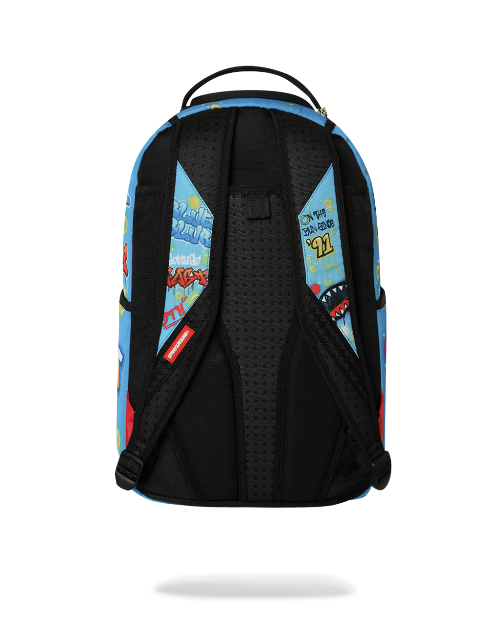 Blue Sonic-themed backpack showing black padded back and shoulder straps