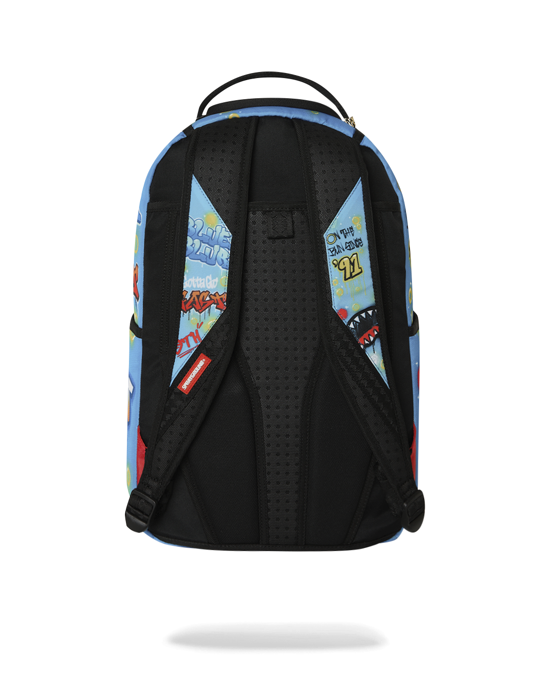 Blue Sonic-themed backpack showing black padded back and shoulder straps