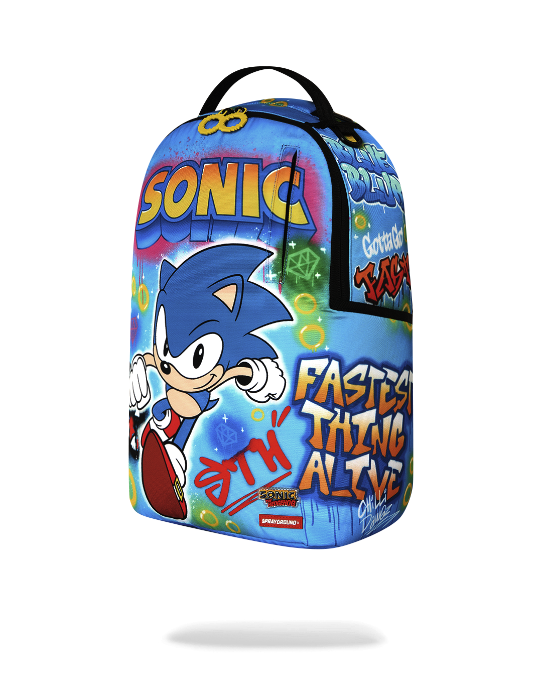 Blue Sonic-themed backpack with front character graphic and “FAST THING ACTIVE” text