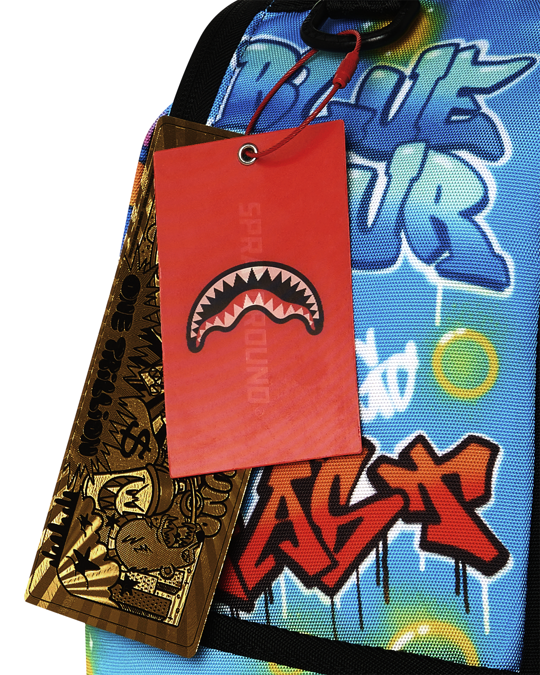 Sonic-themed blue backpack with hanging retail tags on front corner