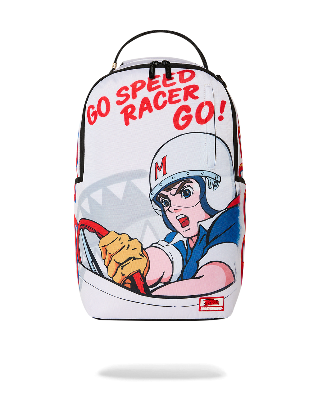 White Speed Racer-themed mini backpack with red “GO!” text and cartoon graphic