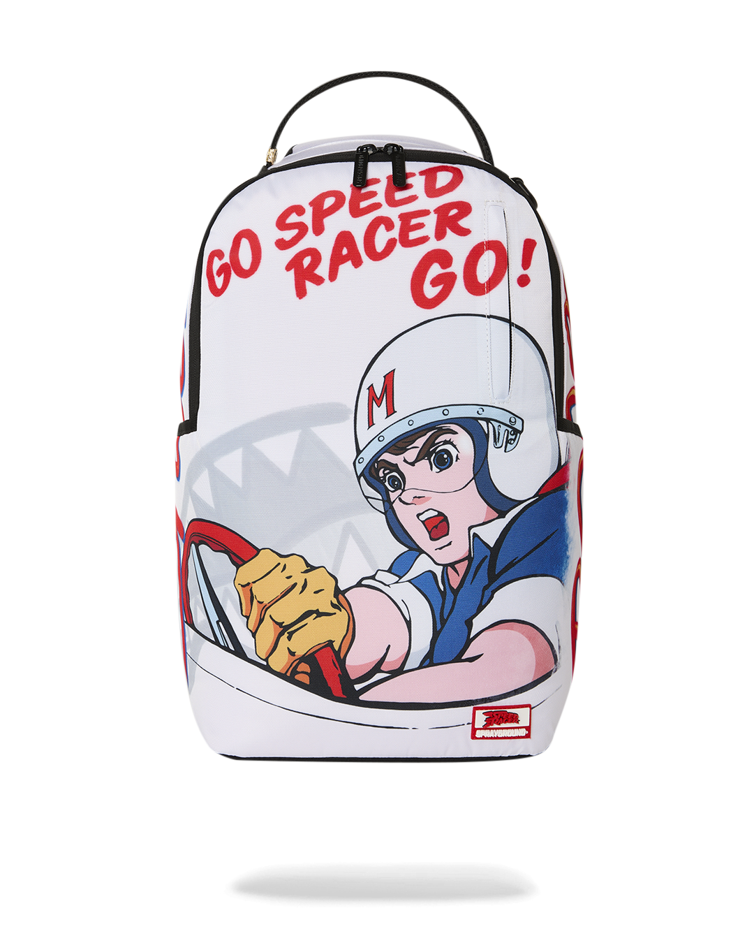 White Speed Racer-themed mini backpack with red “GO!” text and cartoon graphic