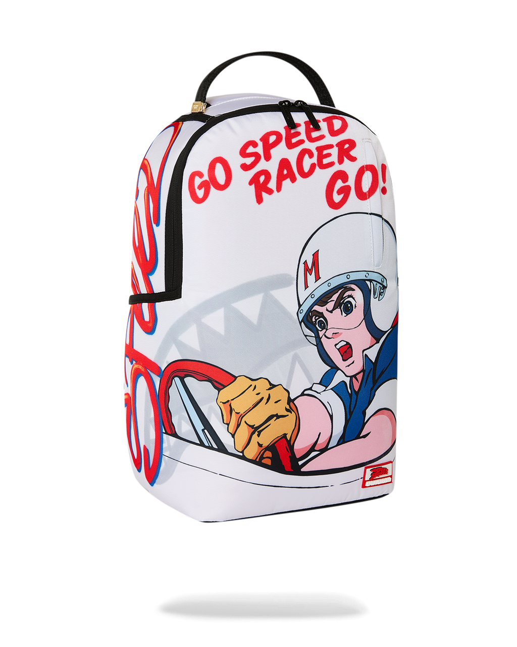 White Speed Racer-themed mini backpack with side “GO SPEED RACER GO!” print
