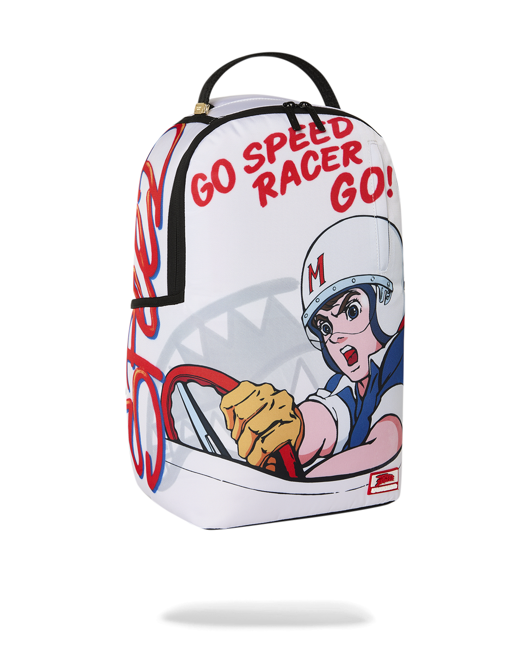 White Speed Racer-themed mini backpack with side “GO SPEED RACER GO!” print