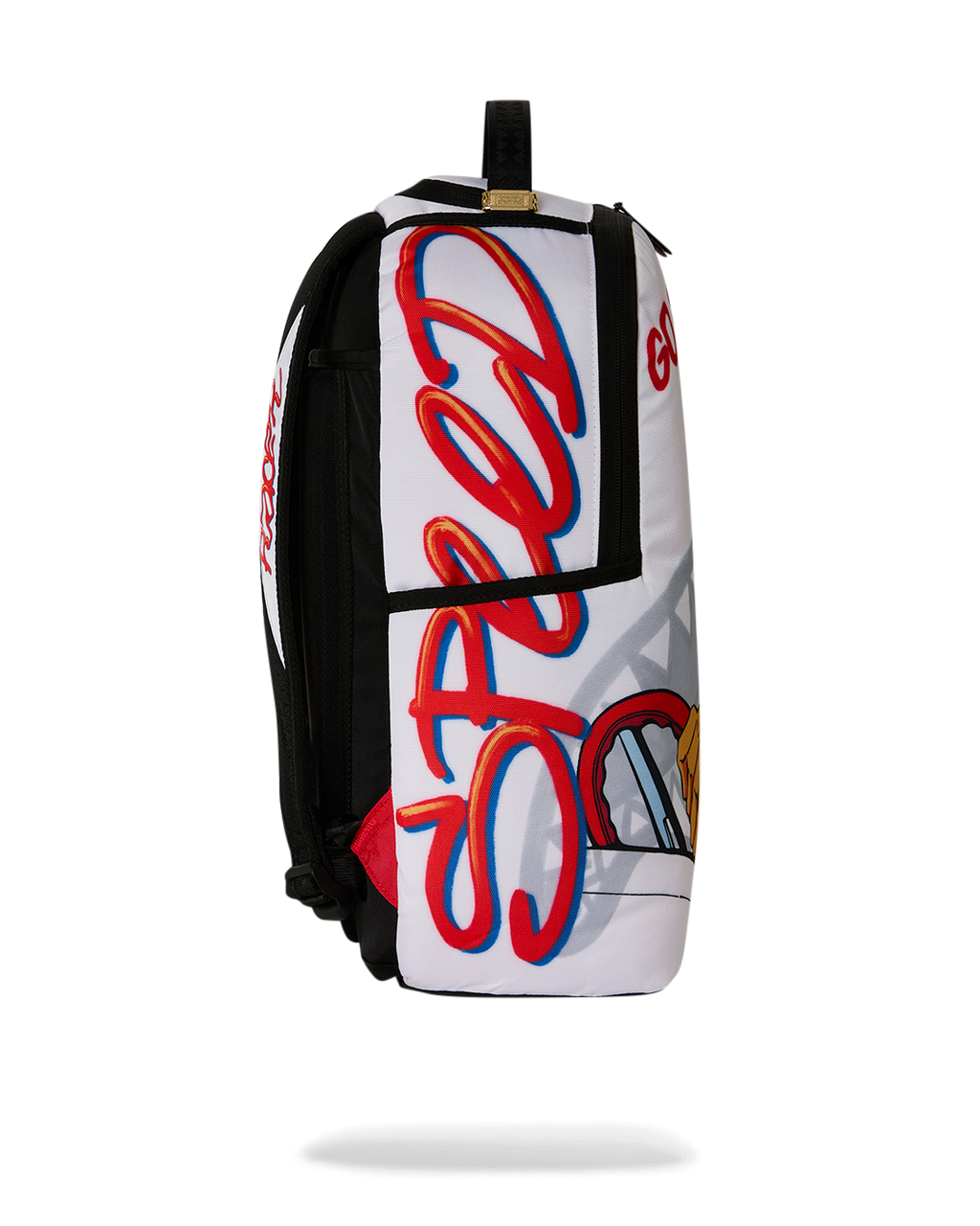 White and black mini backpack with red and blue “Speed Racer” graphic on back
