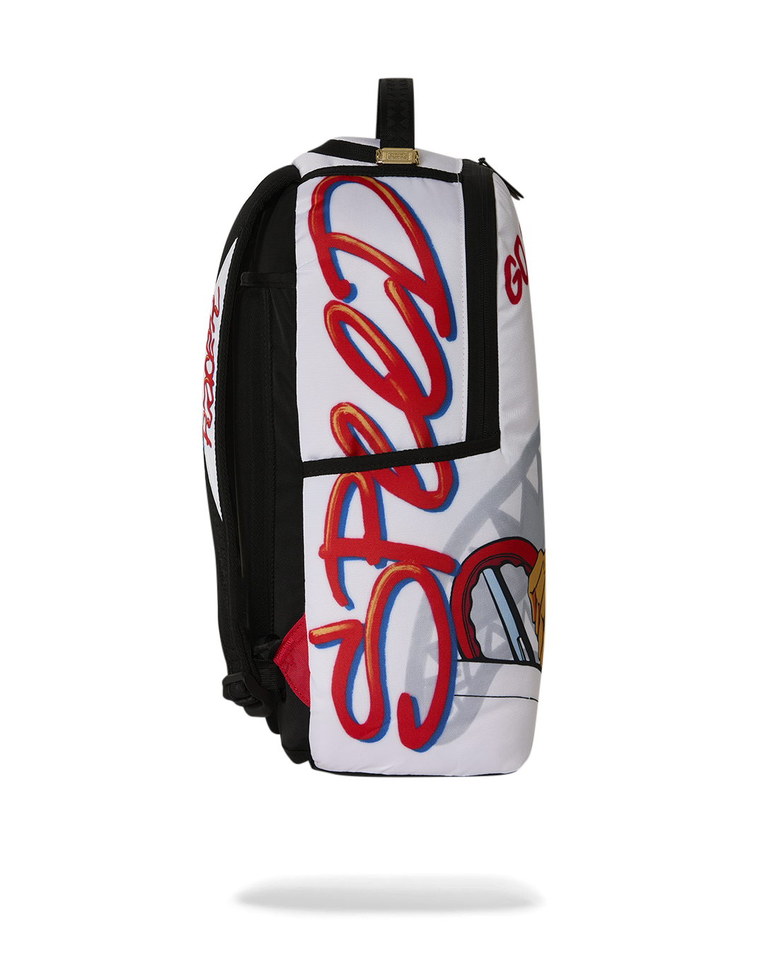 White and black mini backpack with red and blue “Speed Racer” graphic on back