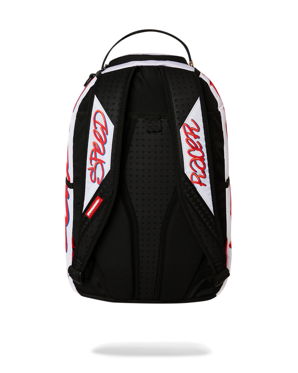 Mini backpack back panel with black mesh padding and Speed Racer side print