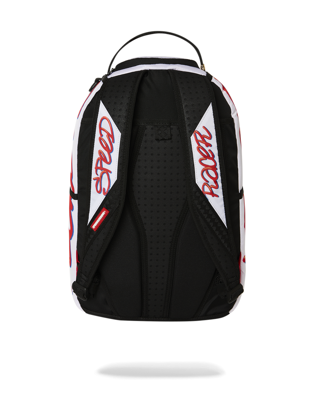 Mini backpack back panel with black mesh padding and Speed Racer side print