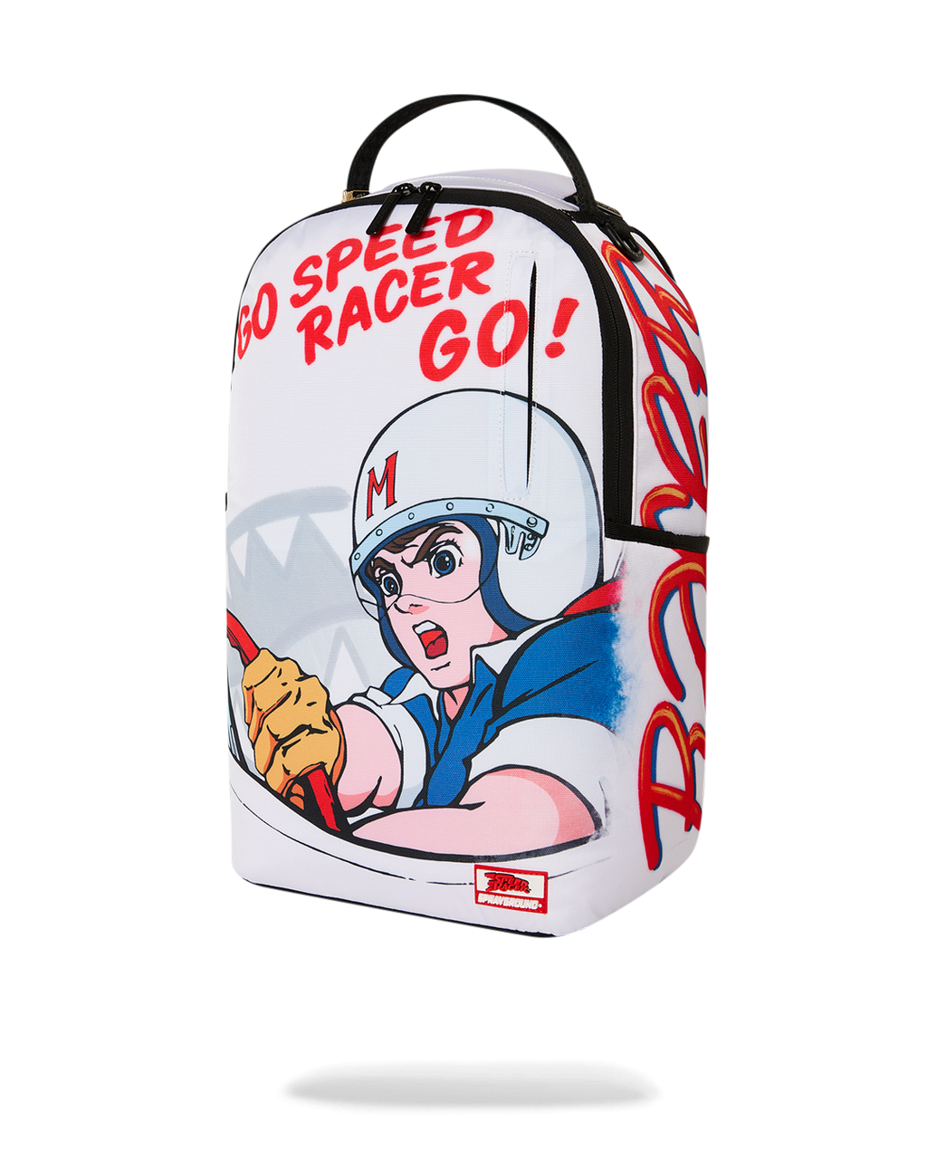 White mini backpack with cartoon Speed Racer character and red “GO!” lettering